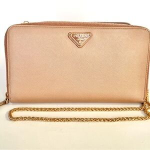 PRADA Logo Beige Saffiano Leather Large Zippered Wallet on Chain w/ auth cert